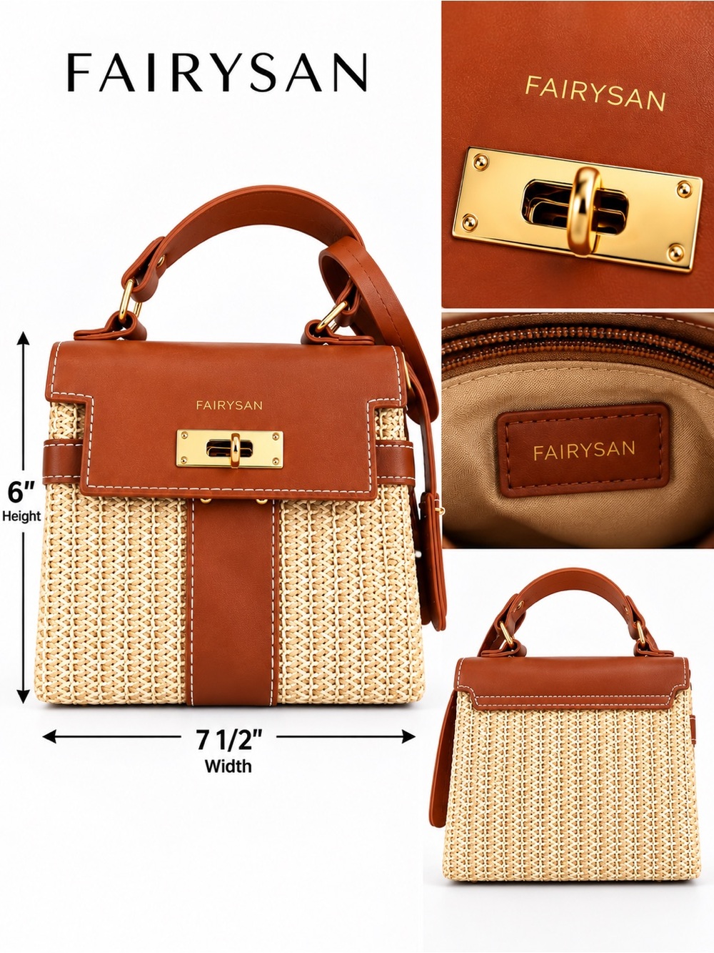 FAIRYSAN Small Straw Woven Satchel Crossbody Bag Brown Tan Gold Hardware